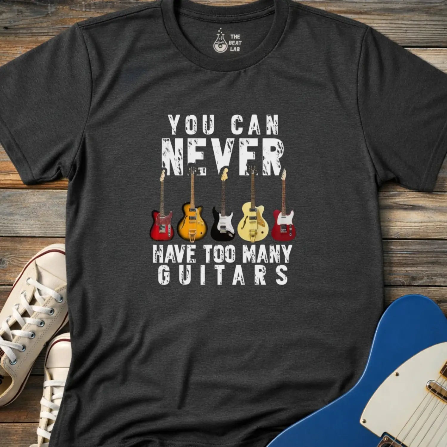 Too Many Guitars T-shirt - Dark Heather Grey / S - T-Shirt