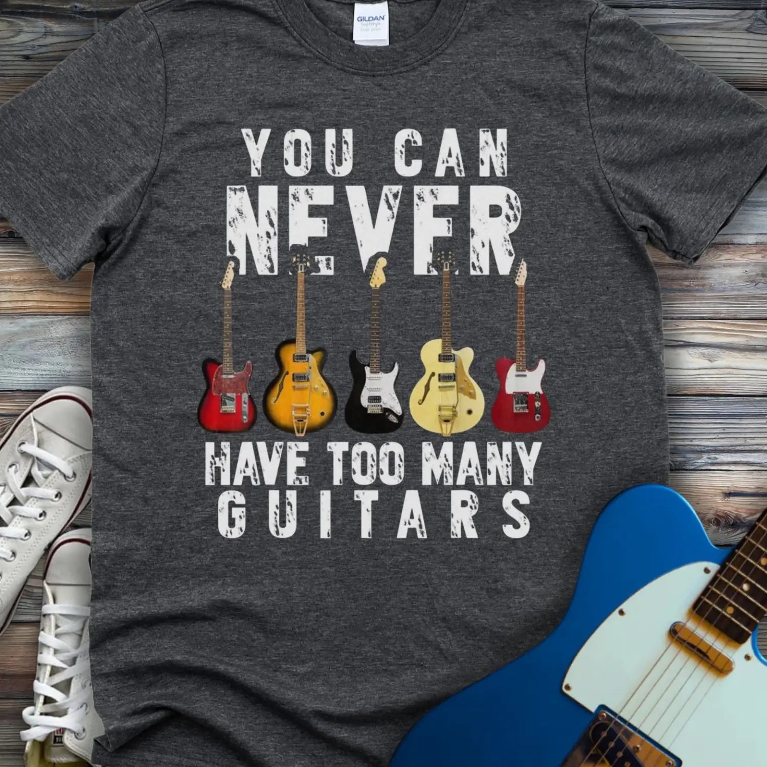 Too Many Guitars T-shirt Dark Heather Grey