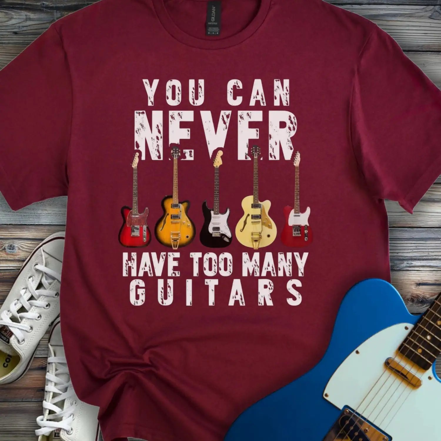 Too Many Guitars T-shirt Maroon